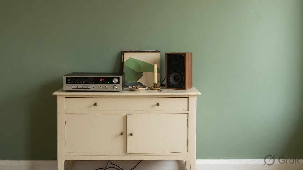 Cream sideboard with a compact stereo receiver